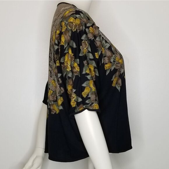 Womens Three-Quarter Sleeve Floral Print Black Gold Metallic Crop Top Size M/L - Picture 5 of 10